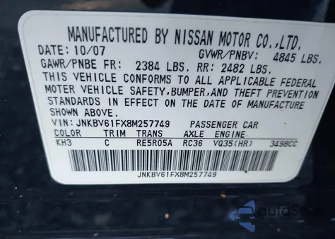 2008 Infiniti G35 z USA, uszkodzony, nr VIN JNKBV61FX8M257749